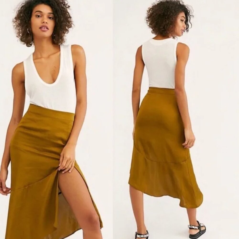 Free People Lola Slit Midi Moss Green Skirt NWT